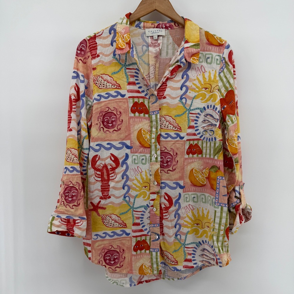 Calypso St Barth Linen Blend Novelty Print Button Down Shirt Mediterranean Large